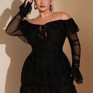 SHEIN BAE Plus Size Women Elegant Black Ruffle Off Shoulder Short Dress, Suitab…